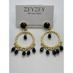 ZEYZEY 18 Karat Gold Plated Adorned Gold Dangle Hoop Earrings With Black Beads N